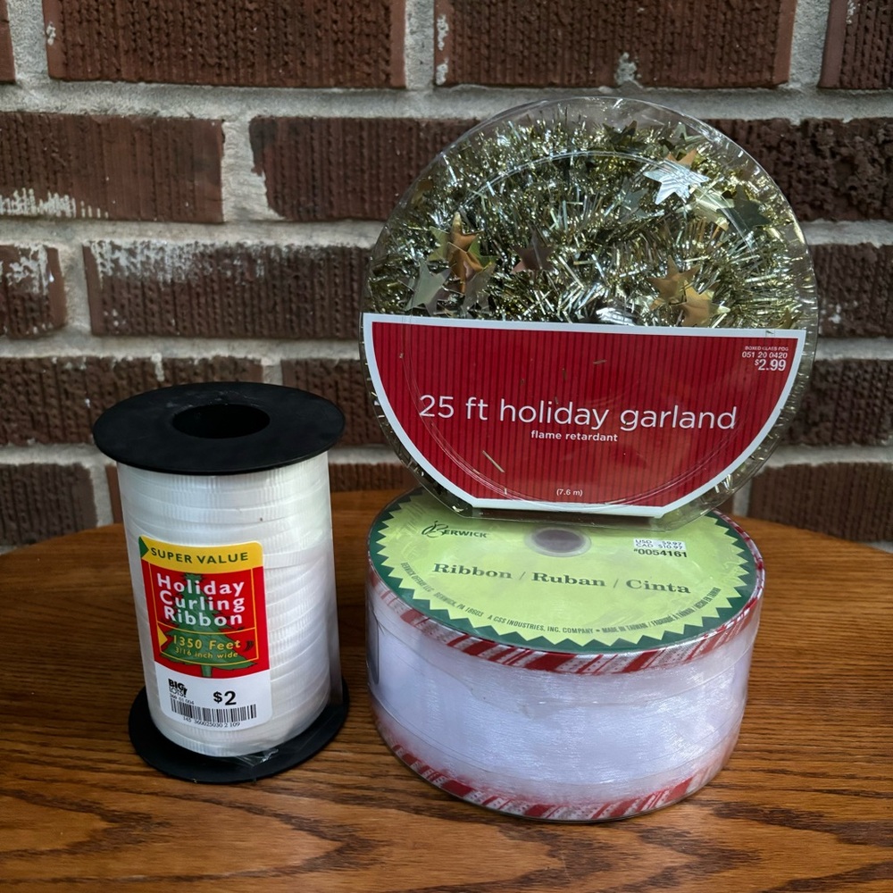 Vintage Christmas Bundle of 3. One garland 2 Ribbon. All NEW.